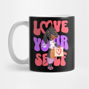 Cute Doxie Dog on a Dachshund Love Yourself tee Mug